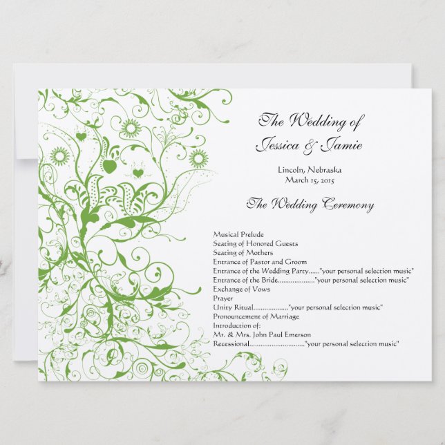 Invitación Apple Green Birds Swirl Boda Orden de servicio (Anverso)