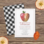 Invitación Apple Of Our Eye Plaid Watercolor Baby Shower Invi<br><div class="desc">Fall autumn neutral baby shower theme with watercolor folk art inspired apple illustration.  Red text says,  "the apple of our eye will be here soon" reverse side is black and white plaid.</div>
