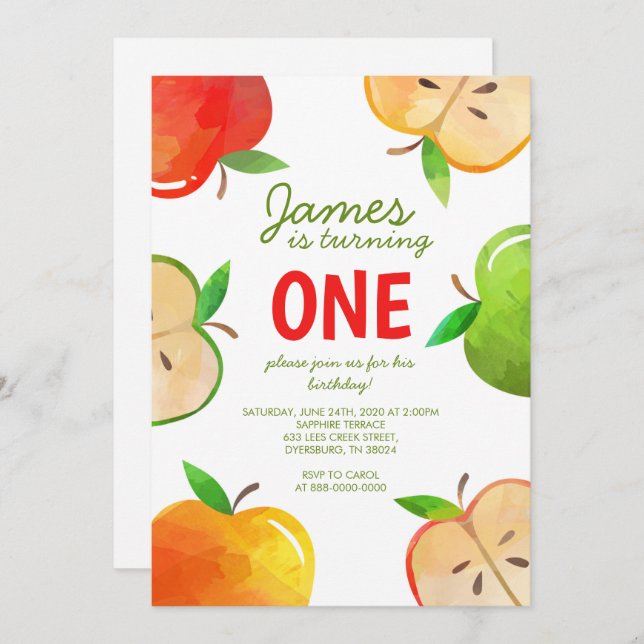 Invitación Apple Primer cumpleaños Bushel de cumpleaños diver (Anverso / Reverso)