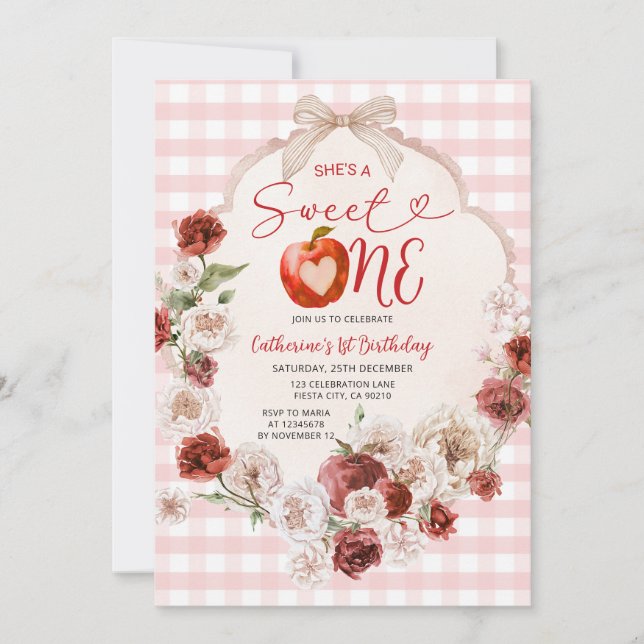 Invitación Apple Sweet One Birthday Pink Gingham Fall Floral (Anverso)