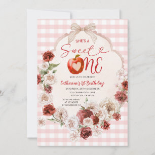 Invitación Apple Sweet One Birthday Pink Gingham Fall Floral