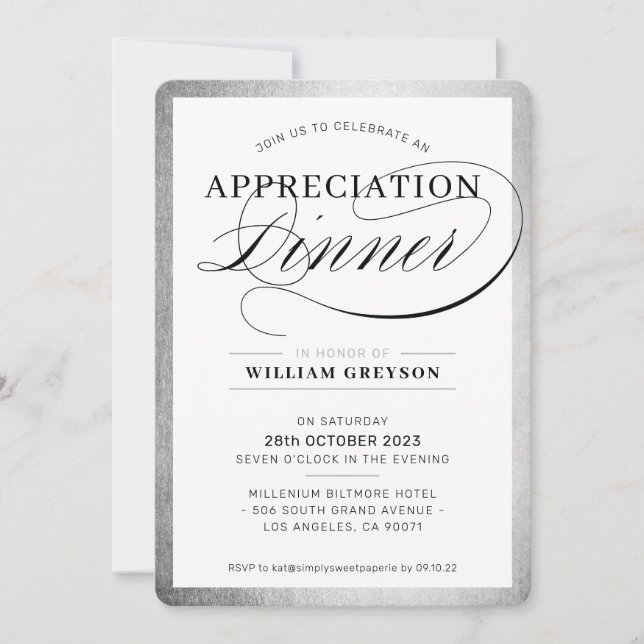 Invitación APRECIACIÓN DE LA EMPRESA CENA plata de negocios m (Anverso)
