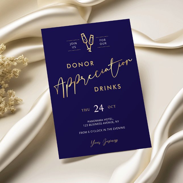 Invitación Apreciación de los donantes Navy Blue & Faux Gold  (Elegant navy and gold business appreciation event invitation)