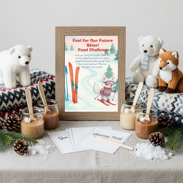 Invitación Après Bébé esquí  Señal de juego de desafío de com (Après Bébé ski Baby Food Challenge Game Sign)