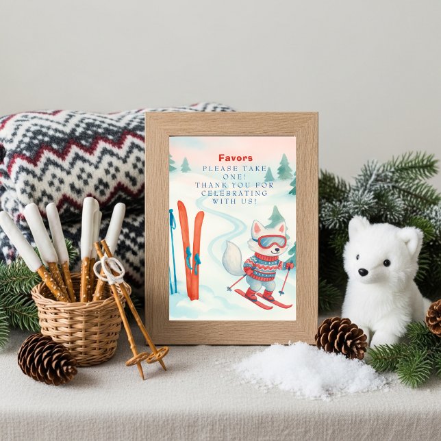 Invitación Après Bébé Señal de mesa de regalos de zorro bebé  (Après Bébé Ski Baby fox Favors Table Sign)