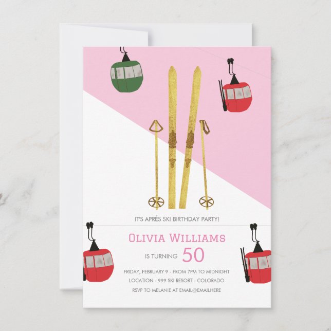Invitación Aprés Pink Moderno Vintage Aprés Esquí Cumpleaños (Anverso)