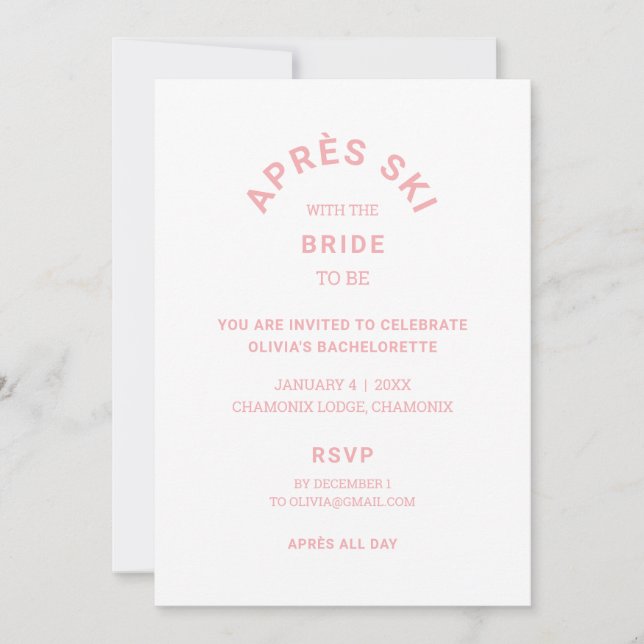 Invitación Après Ski Con La Novia Be Pink Bachelorette (Anverso)