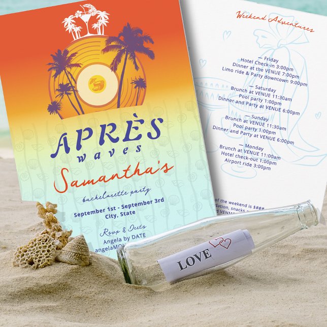 Invitación Après Waves Retro Vinyl Costera Despedida de Solte (Après Waves Retro Vinyl Coastal Tropical Beach Island Destination Bachelorette Party Invitation)