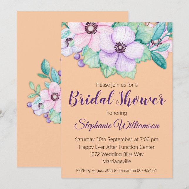 Invitación Apricot Floral Bridal Shower (Anverso / Reverso)