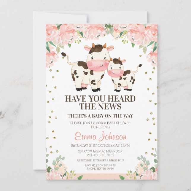 Invitación Apricot Floral Heed News Cow Baby Shower (Anverso)