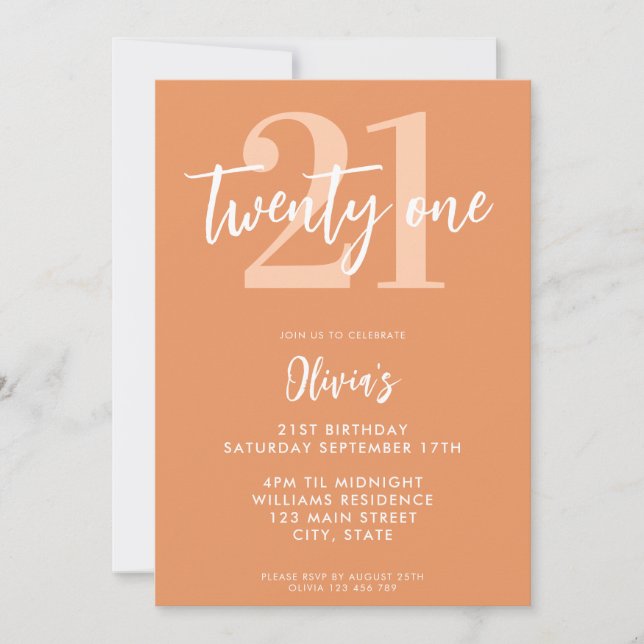 Invitación Apricot Moderno Elegante Cumpleaños 21 (Anverso)