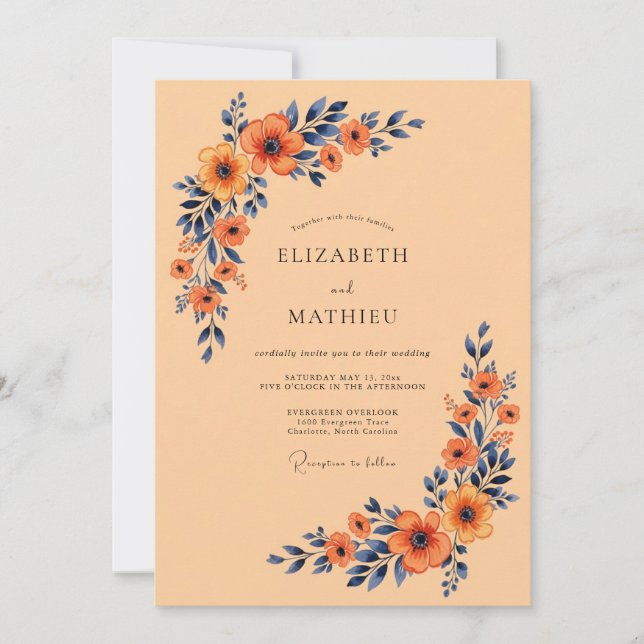 Invitación Apricot Navy Blue Distinctive Autumnal Wedding (Anverso)