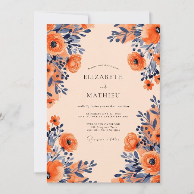 Invitación Apricot Navy Opulent Floral Wedding (Anverso)
