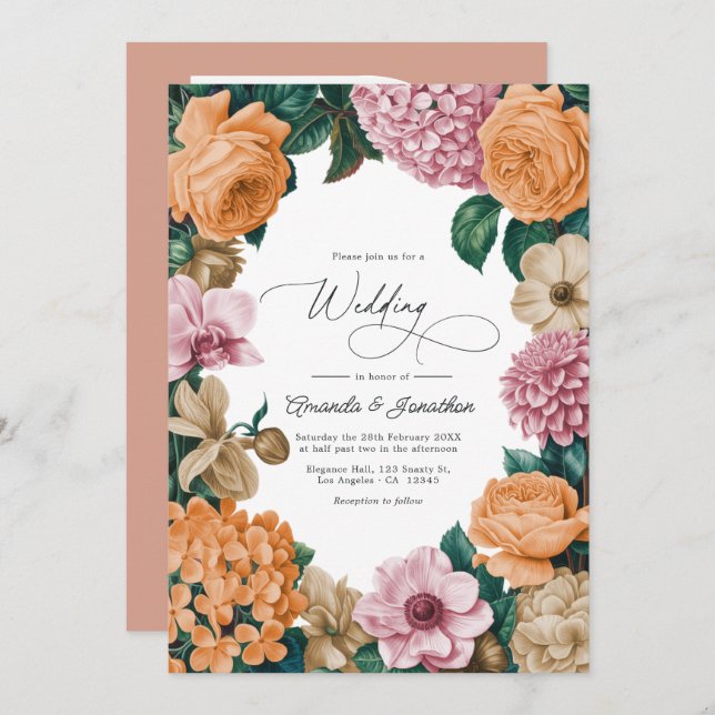 Invitación Apricot Nectar, Peony Pink & Warm Sand Wedding (Anverso / Reverso)