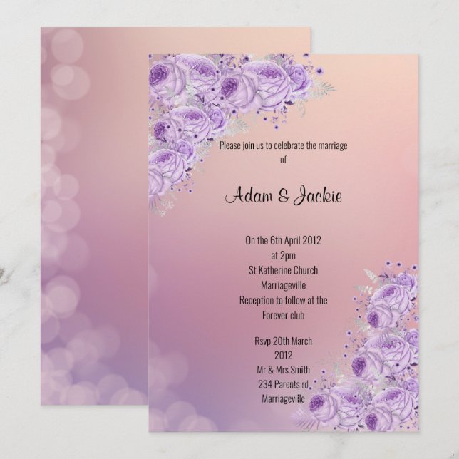 Invitación Apricot plateado moderno BODA floral Lilac (Anverso / Reverso)