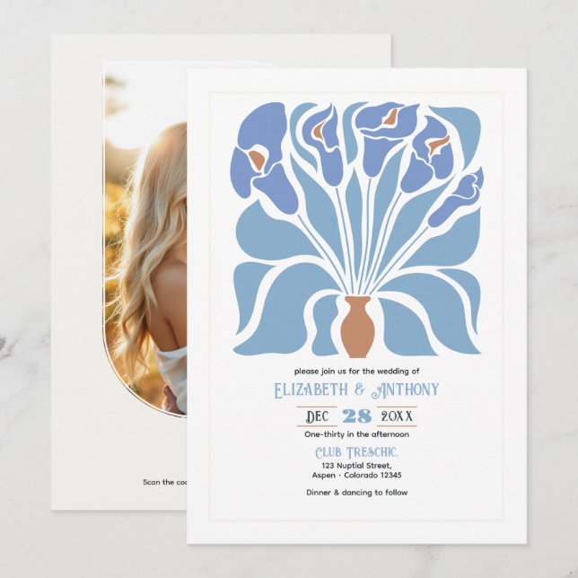 Invitación Apricot & Sky Blue Abstract Floral Boho Wedding (Anverso / Reverso)