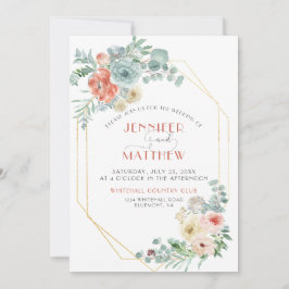 Invitación Apricot Wasabi Green Gold Geométrico Floral Boda