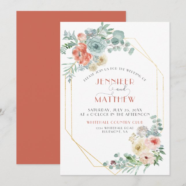 Invitación Apricot Wasabi Green Gold Geométrico Floral Boda (Anverso / Reverso)