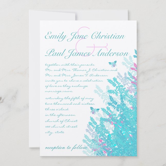 Invitación Aqau Flores salvajes azules y rosadas calientes (Anverso)