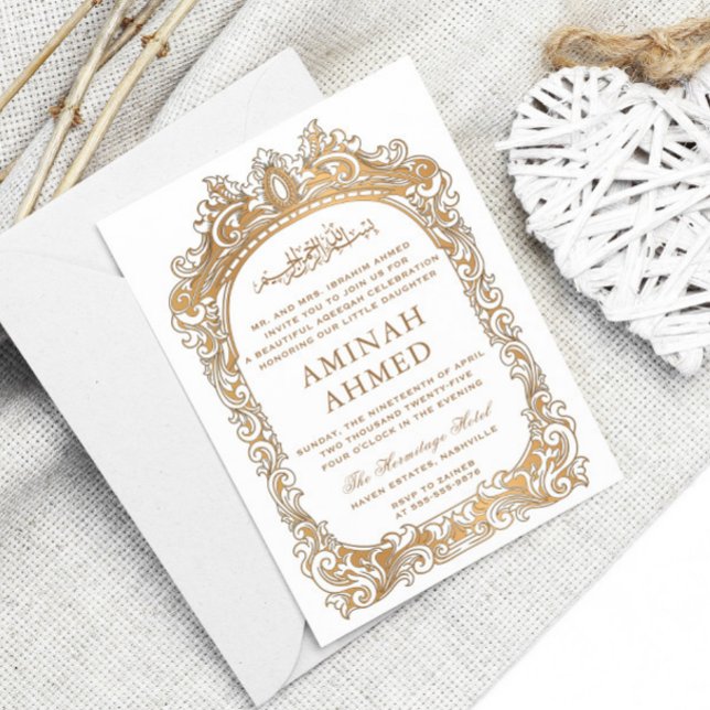 Invitación Aqiqa Aqeeqa, bebé de la frontera dorada clásica (Subido por el creador)