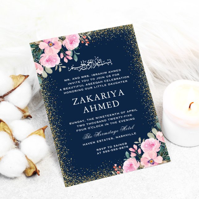 Invitación Aqiqa Aqeeqa, bebé floral de la armada del marco d (Subido por el creador)