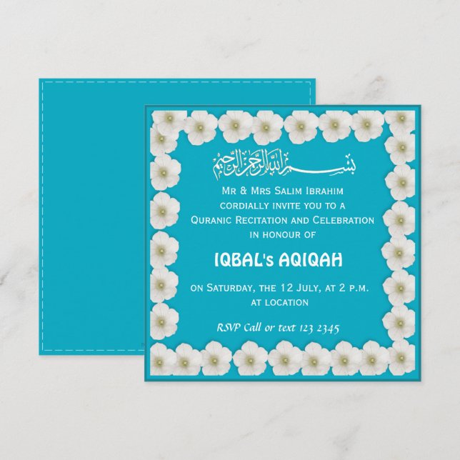 Invitación Aqiqah azul para bebé musulmán (Anverso / Reverso)