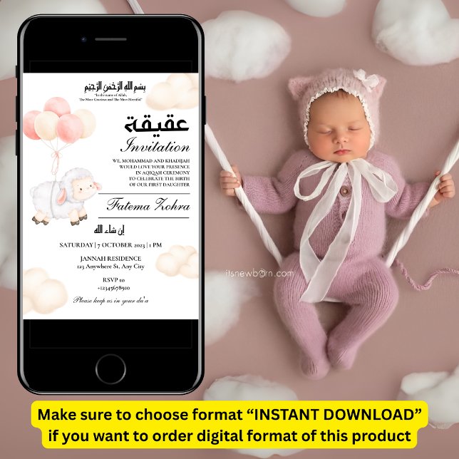 Invitación Aqiqah Cute Oveja Rosa Balón Bebé Niña Musulmana (Subido por el creador)