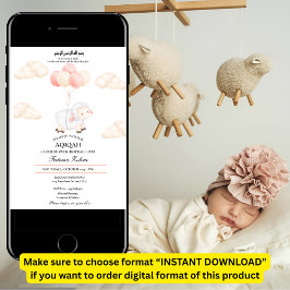 Invitación Aqiqah Cute Oveja Rosa Balón Bebé Niña Musulmana