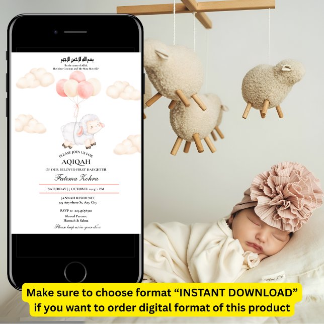 Invitación Aqiqah Cute Oveja Rosa Balón Bebé Niña Musulmana (Subido por el creador)