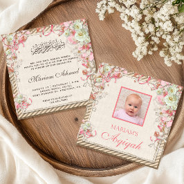Invitación Aqiqah de foto de niña floral rosa vintage retro