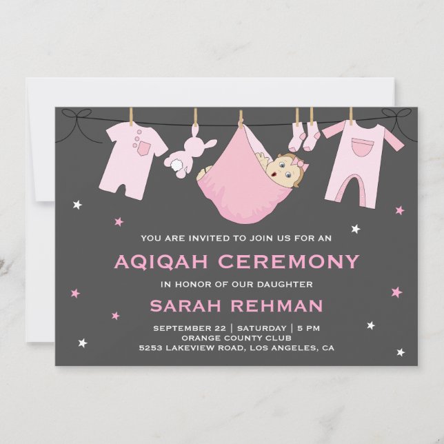 Invitación Aqiqah de niña bebé rosa linda (Anverso)