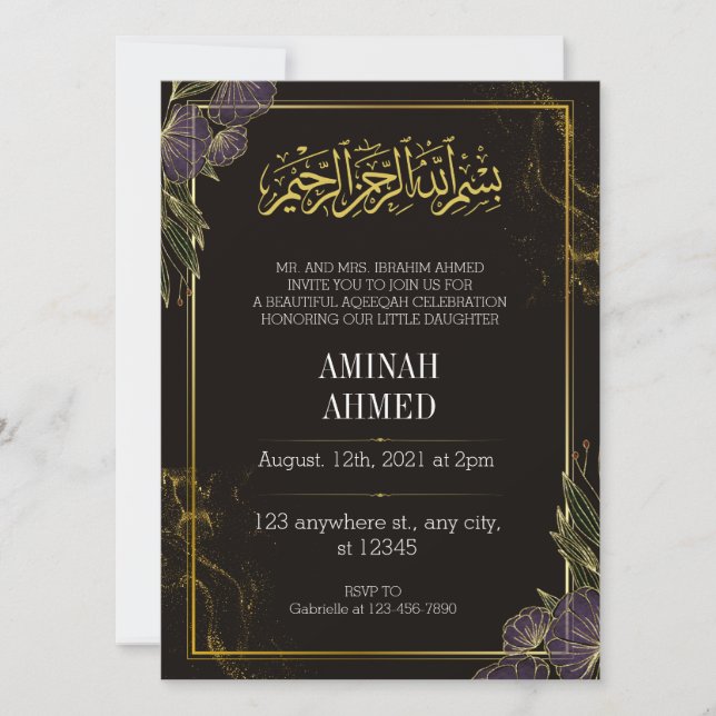 Invitación Aqiqah floral de oro islámico negro (Anverso)