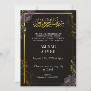 Invitación Aqiqah floral de oro islámico negro