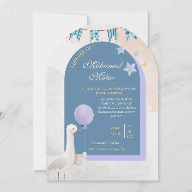 Invitación Aqiqah Invitation for Baby Boy  Editable Blue Arch (Anverso)