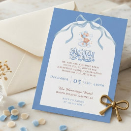 Invitación Aqiqah islámico azul para bebé varón