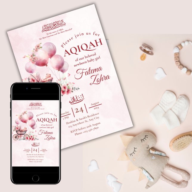 Invitación Aqiqah musulmana: La bebé de un globo rosa Strolle (Subido por el creador)