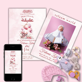 Invitación Aqiqah musulmana: La bebé de un globo rosa Strolle