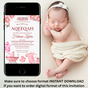 Invitación Aqiqah musulmana: La bebé de un globo rosa Strolle