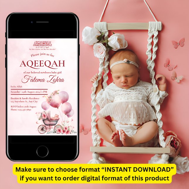 Invitación Aqiqah musulmana: La bebé de un globo rosa Strolle (Subido por el creador)