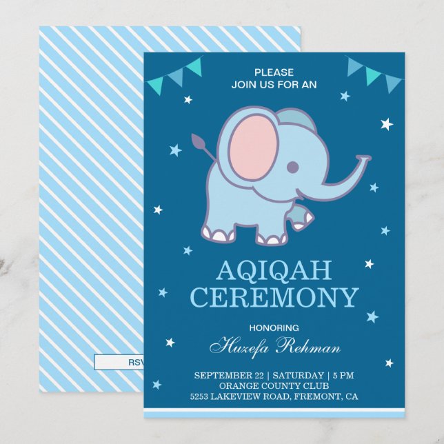 Invitación Aqiqah, niño pequeño elefante azul (Anverso / Reverso)