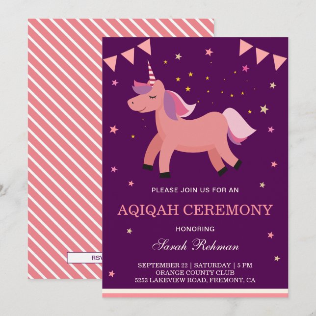Invitación Aqiqah, una niña pequeña de unicornio (Anverso / Reverso)