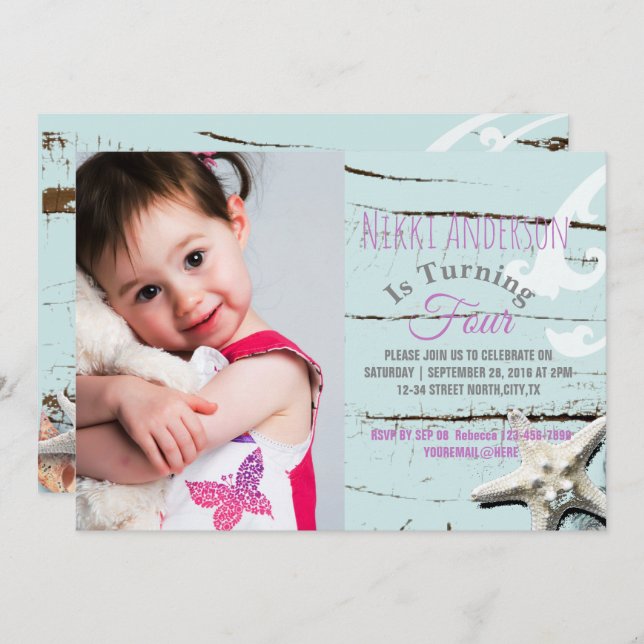 Invitación aqua azul de la playa de la concha de mar foto fie (Anverso / Reverso)