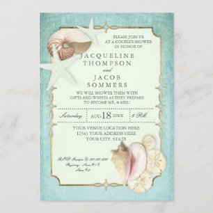 Invitación Aqua Azul Dorado Rollo Playa Océano Concha Estrell