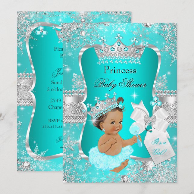 Invitación Aqua Azul Turquesa Fiesta de Bebé Princesa Morena (Anverso / Reverso)