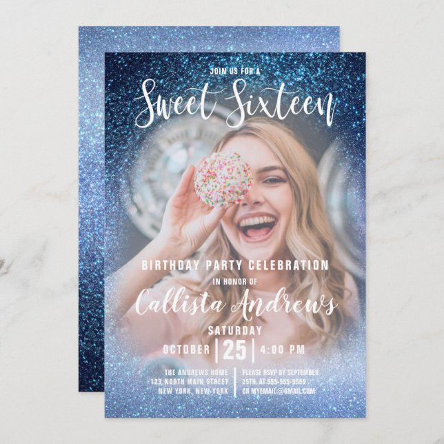 Invitación Aqua Baby Blue Triple Purpurina Ombre Photo Sweet  (Anverso / Reverso)