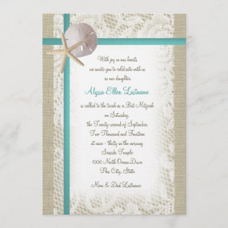 Invitación Aqua Beach Burlap y Lace Bat Mitzvah