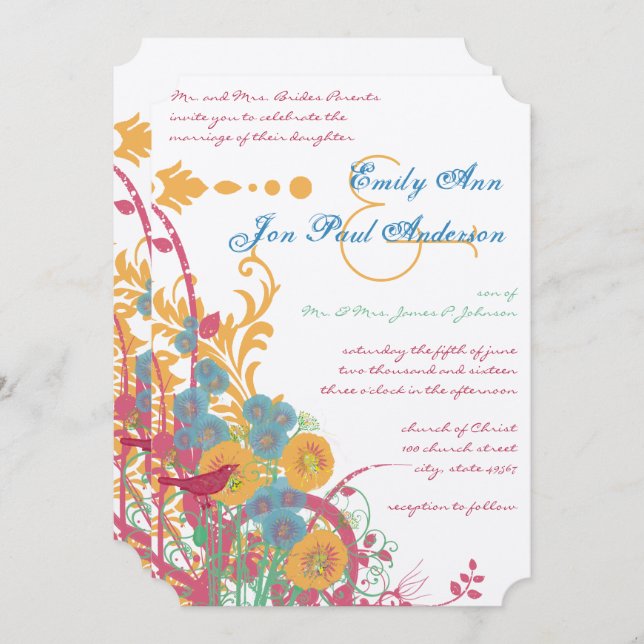 Invitación Aqua Beeswax Raspberry Boda de aves de flores silv (Anverso / Reverso)