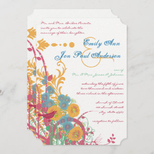 Invitación Aqua Beeswax Raspberry Boda de aves de flores silv