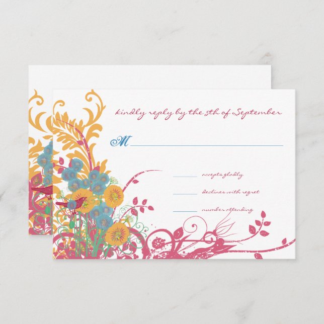 Invitación Aqua Beeswax Raspberry Boda de aves de flores silv (Anverso / Reverso)