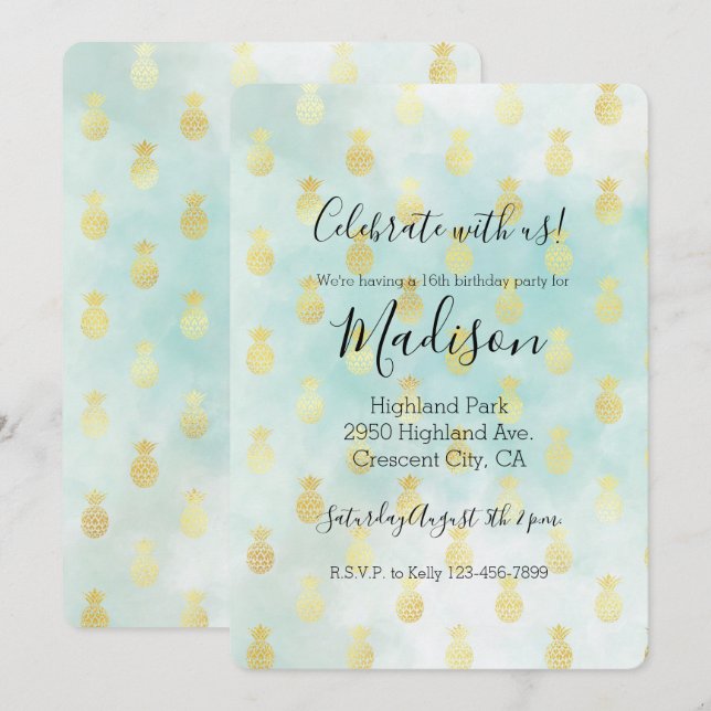 Invitación Aqua Blanco Oro Tropical Glam Piñas (Anverso / Reverso)